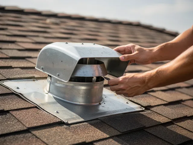 Medfield Dryer Vent Cleaning certified technician safely cleaning a roof-mounted dryer vent in Medfield
