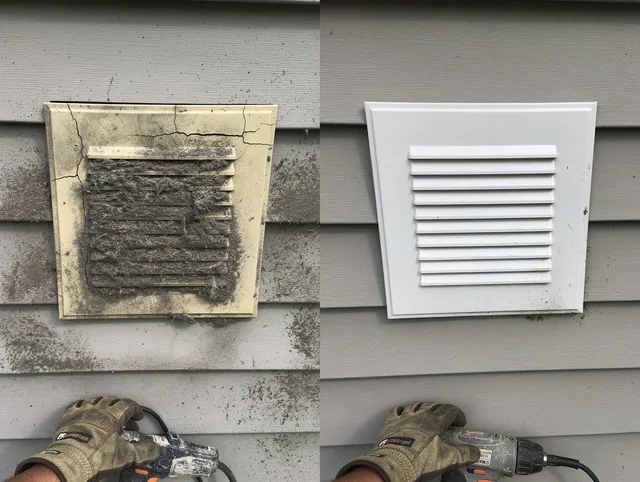 Medfield Dryer Vent Cleaning technician installing high-quality dryer vent cover at a residential property in Medfield