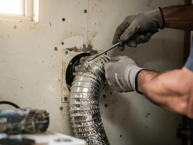 Medfield Dryer Vent Cleaning technician performing precise dryer vent hose installation in Medfield